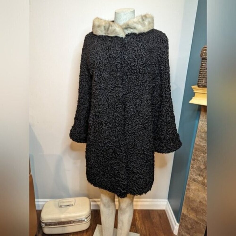 Vintage mid century Reversible Black Persian Wool mink and silk coat Size 12 L